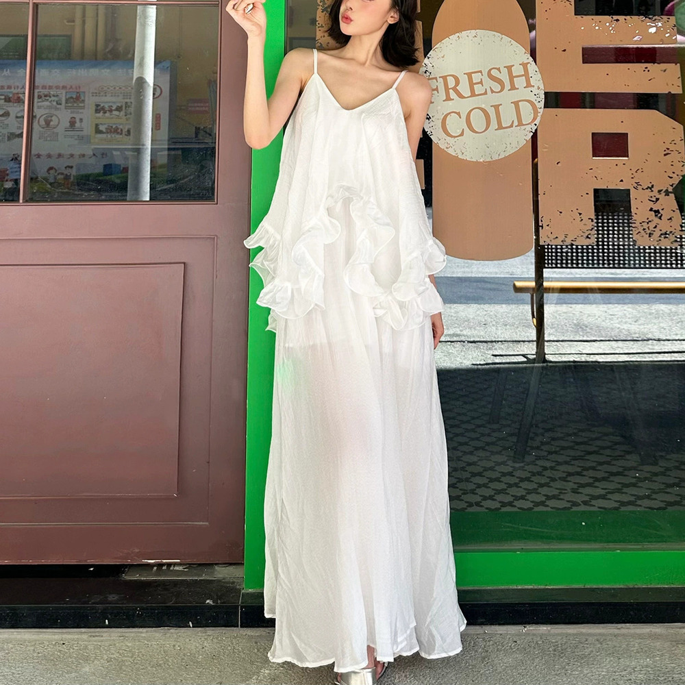 Zara Summer Flowing Spaghetti Strap Maxi Dress Ruffle Hem